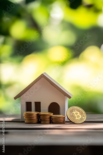 Obraz na płótnie Minimalistic house model surrounded by Bitcoin coins showcasing financial strategy : Generative AI w salonie