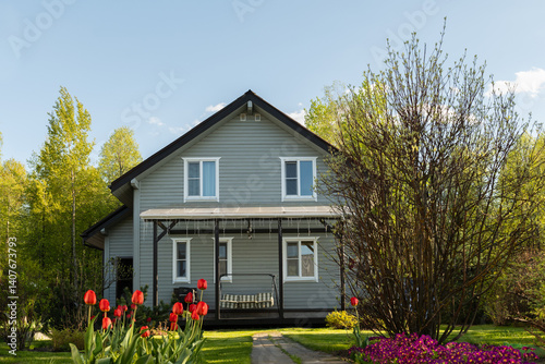 Obraz na płótnie Contemporary wooden house have nice landscaping, with shrubs, green lawn and spring flowers. Traditional russian dacha in Moscow region. Outdoors. Backyard and traditional relax gardening. w salonie