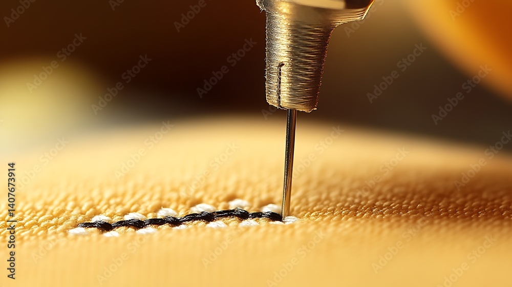 Sewing needle in action creating intricate stitches on soft fabric surface : Generative AI