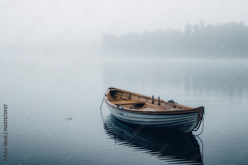 Naklejka premium Solitary Boat on Mirror-Like Water with Misty Forest.