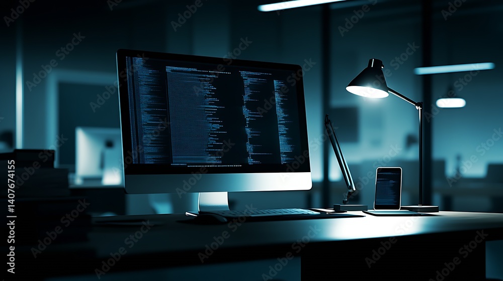 Sleek Office Environment with Monitor Displaying Code and Smartphone by High Quality Lamp : Generative AI