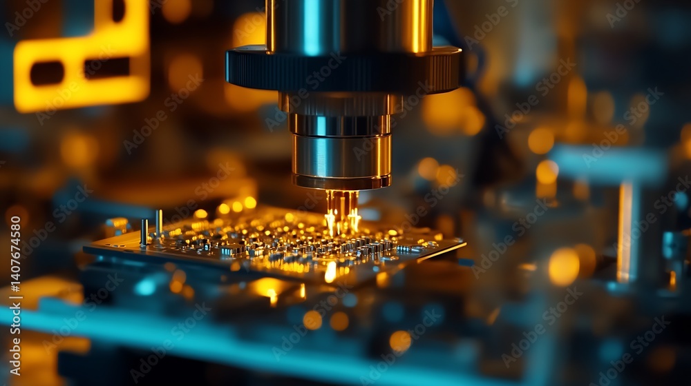 Close up shot of a precision microscope illuminating a circuit board in a high tech manufacturing environment : Generative AI