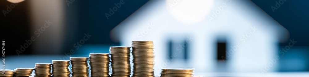 Close-up of stacked coins in front of a house model indicating real estate investment success : Generative AI