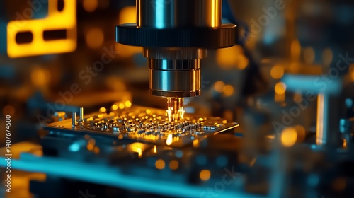 Obraz na płótnie Close up shot of a precision microscope illuminating a circuit board in a high tech manufacturing environment : Generative AI w salonie