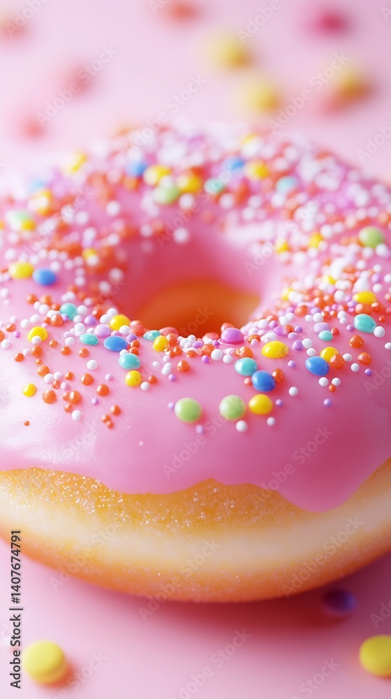 Vibrant pink donut with colorful sprinkles on soft focus pink background for a joyful treat : Generative AI