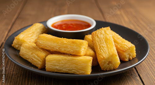Crispy Brazilian fried cassava (mandioca/aipim frito) on a black plate with red dipping sauce