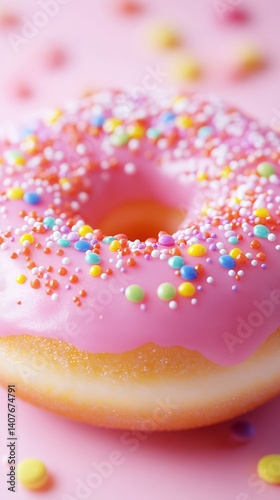 Vibrant pink donut with colorful sprinkles on soft focus pink background for a joyful treat : Generative AI