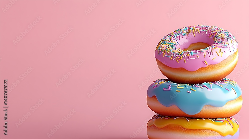 Charming Arrangement of Colorful Donuts with Frosting on a Pink Background to Satisfy Your Dessert Cravings : Generative AI