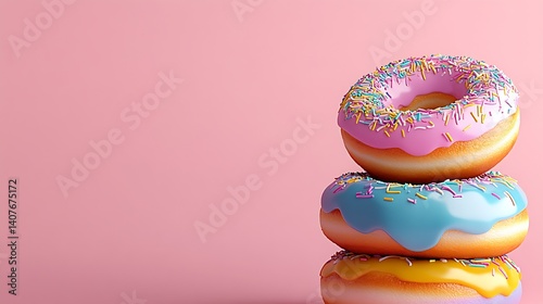 Obraz na płótnie Charming Arrangement of Colorful Donuts with Frosting on a Pink Background to Satisfy Your Dessert Cravings : Generative AI w salonie