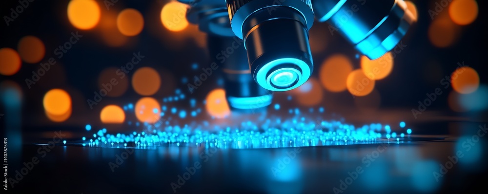 Artistic Image of Microscope Focusing on Blue Particles in a Laboratory Setting : Generative AI
