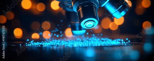 Obraz na płótnie Artistic Image of Microscope Focusing on Blue Particles in a Laboratory Setting : Generative AI w salonie