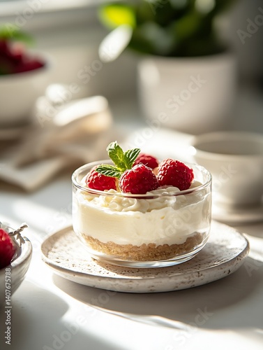 Beautiful raspberry cheesecake dessert served in a glass with fresh mint leaves enhancing presentation : Generative AI