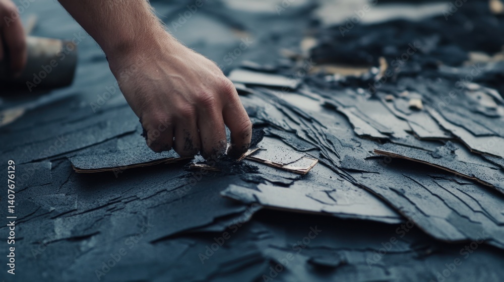 Naklejka premium Roofing contractor replacing damaged shingles. Featuring expertise and care