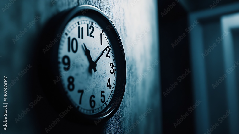 Elegant analog clock with dark blue tones capturing the essence of time on a textured wall : Generative AI