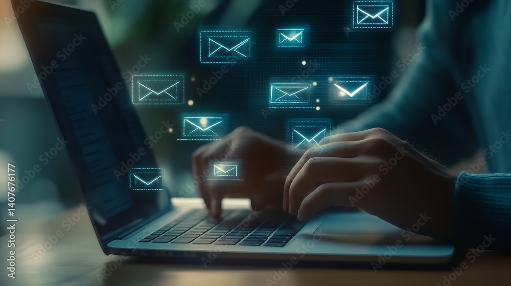 Close-up of Hands on Laptop Keyboard with Email Notifications Hovering Above : Generative AI