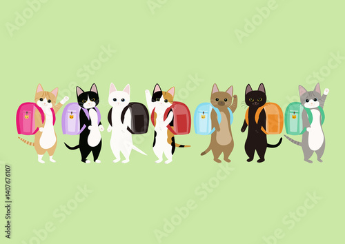 ランドセルを背負った7匹の子猫