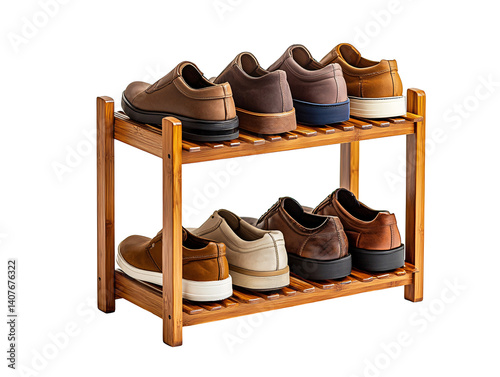 a shoe rack with several pairs of shoes