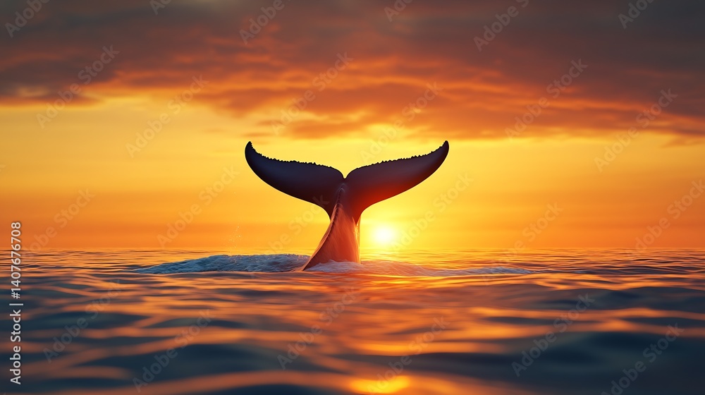 Whale tail gracefully rising from the ocean at sunset creating an enchanting scene : Generative AI