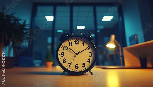 Elegant Black Alarm Clock on Minimalist Desk with Warm Ambient Light in Office Environment : Generative AI