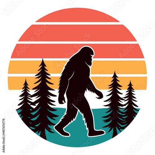Bigfoot Silhouette Walking Retro Sunset Forest T-Shirt Design.