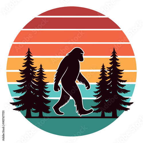 Bigfoot Silhouette Walking Retro Sunset Forest T-Shirt Design.