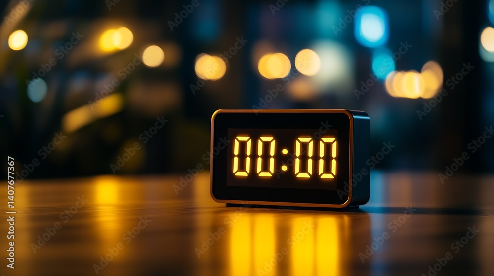 Stylish digital clock set to zero hour surrounded by soft evening lights in a tranquil setting : Generative AI