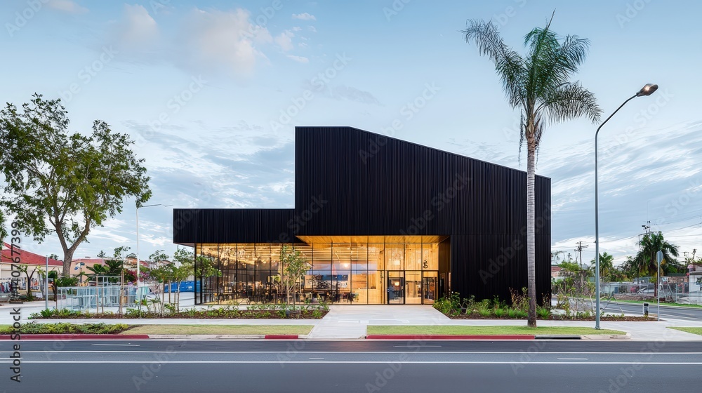 Fototapeta premium Ultra-modern black facade with strategic lighting, balanced for promotional material.