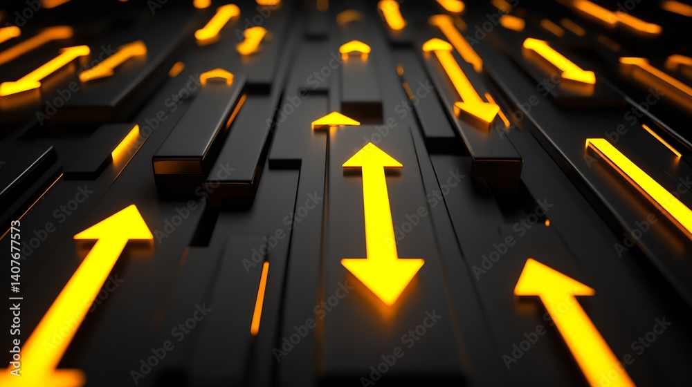 Perspective View of Yellow Arrows Leading in Different Directions on a Dark Surface Conveying Movement : Generative AI