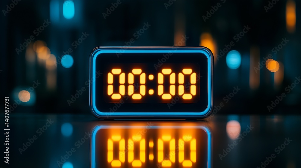 Futuristic digital clock with glowing display showing zero surrounded by soft ambient nighttime lights : Generative AI