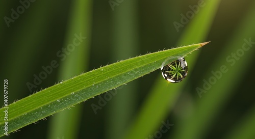 A single dew drop clings to the tip of a slender, hairy green leaf, reflecting the plant's structure within its spherical form