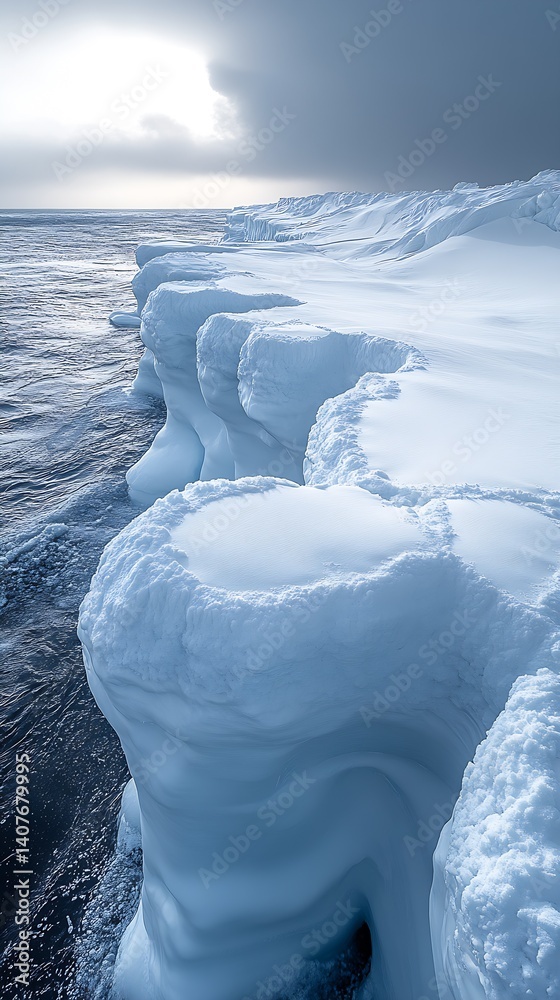 Captivating scene of ice formations along the coastline under a cloudy sky and ocean views : Generative AI