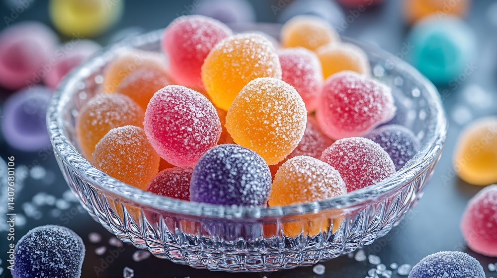 Assorted vibrant gummy candies in a clear glass bowl with sugar on top for decoration : Generative AI