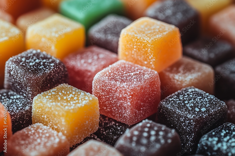 Close-up view of a variety of jelly candy cubes displaying their alluring and sugary crystal textures : Generative AI