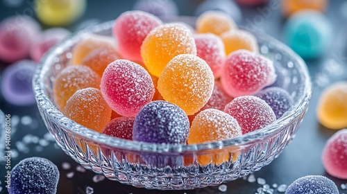 Obraz na płótnie Assorted vibrant gummy candies in a clear glass bowl with sugar on top for decoration : Generative AI w salonie
