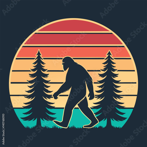 Bigfoot Silhouette Walking Retro Sunset Forest T-Shirt Design.