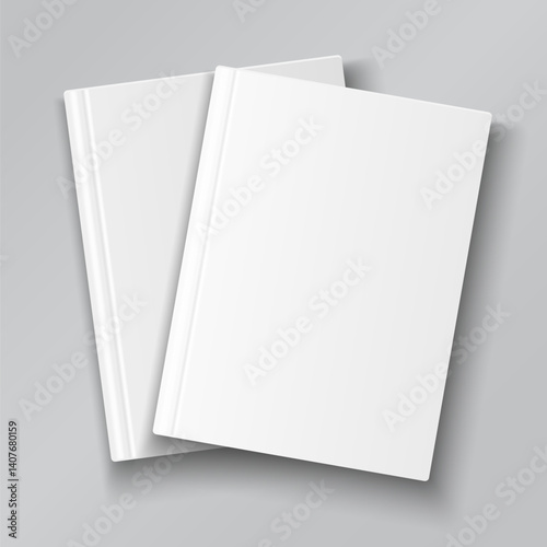 Blank hardcover closed book mockup. Vector illustration isolated on gray background. Flat empty lay view. White brochure template