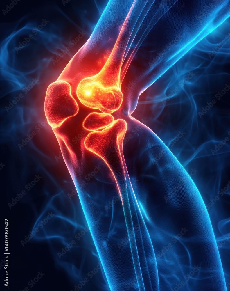 Knee Joint Pain Injury Anatomy Illustration with Glowing Red Indication and Blue Aura Digital Art Knee Joint Pain Injury Anatomy Illustration with Glowing Red Indication and Blue Aura Digital Art
