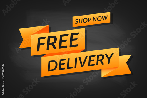 Bright yellow ribbon banners with bold black text on a dark background promoting "Free Delivery" and "Shop Now" in a modern, eye-catching design.