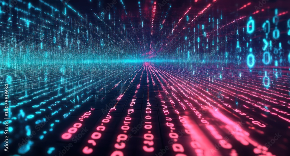 Fototapeta premium 3D Binary Code Digital Art with Neon Lighting in Cyberpunk Technology Landscape