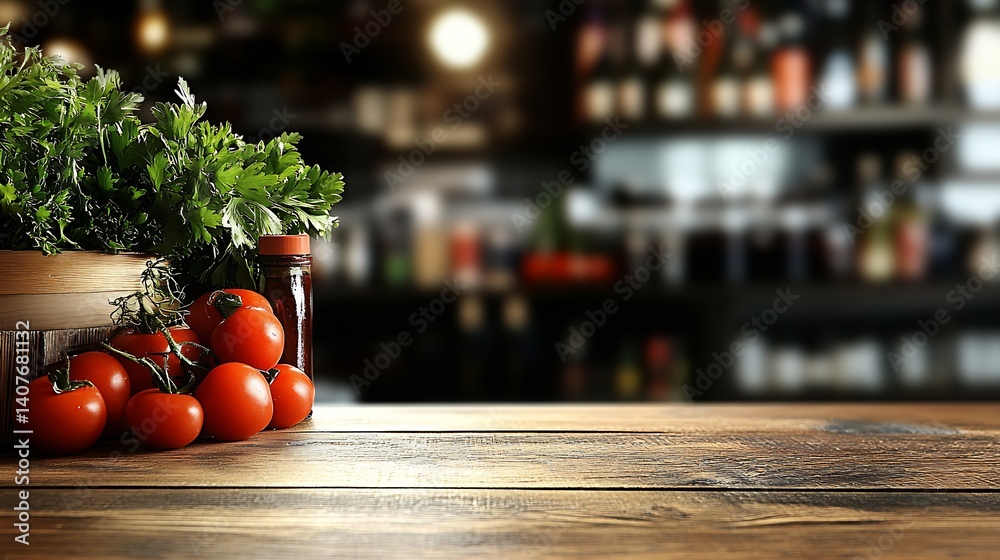 Fresh Herbs and Ripe Cherry Tomatoes Displayed on Rustic Wooden Surface in Modern Kitchen : Generative AI