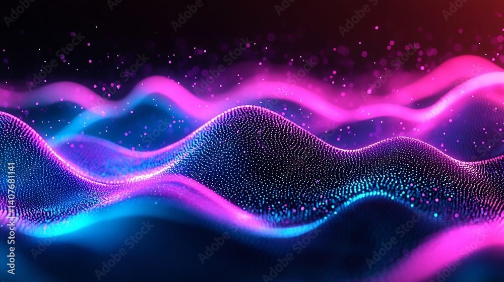 Soothing abstract wave patterns with glowing particles in a vivid color palette : Generative AI