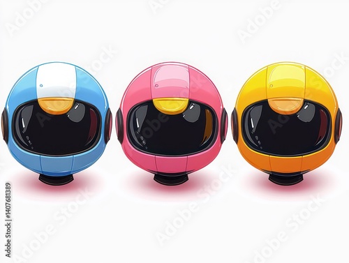 Cute Cartoon Heroes Assembly with Colorful Helmets Kawaii Style