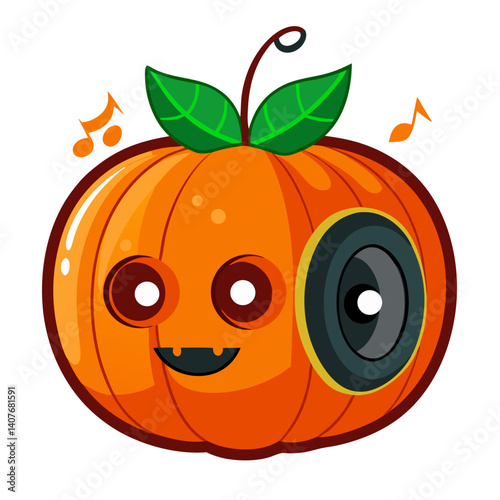 A cheerful pumpkin with a built-in speaker plays upbeat music, celebrating the joy of Halloween with vibrant colors and a cartoonish style.