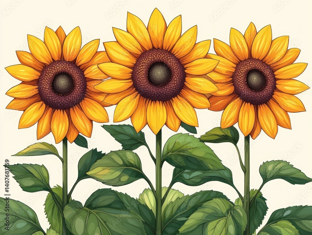 Obraz premium Sunflowers Illustration Minimalist Japanese Woodblock Print Style