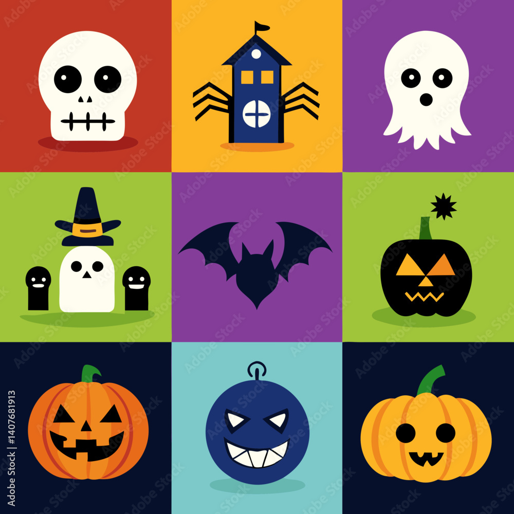Obraz premium A playful collection of Halloween icons featuring a spooky skull, mischievous ghosts, a haunted house, and grinning pumpkins in a bold, flat design style.