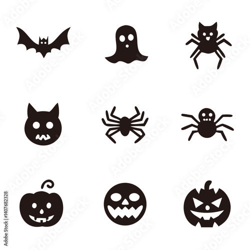 Spooky Halloween icons featuring bats, ghosts, spiders, and jack-o'-lanterns in a simple black silhouette style.