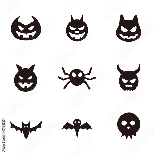 Spooky Halloween icons: grinning pumpkins, devilish faces, creepy spiders, and fluttering bats in a simple black silhouette style.