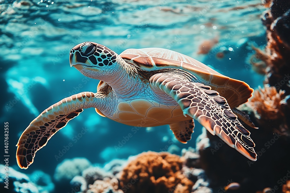 Underwater Scene with Majestic Turtle Swimming Gracefully Among Coral Reef : Generative AI