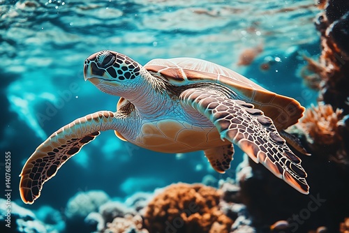 Obraz na płótnie Underwater Scene with Majestic Turtle Swimming Gracefully Among Coral Reef : Generative AI w salonie