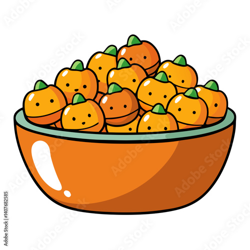 A bowl overflowing with cheerful, cartoon oranges, radiating warmth and happiness in a bright, playful style.